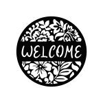 Circular wall sign made of black-painted steel with intricate laser-cut floral patterns. The word 'Welcome' is prominently displayed in the center, surrounded by delicate flower and leaf cutouts. The sign has a smooth, polished finish and is designed to hang on a wall.